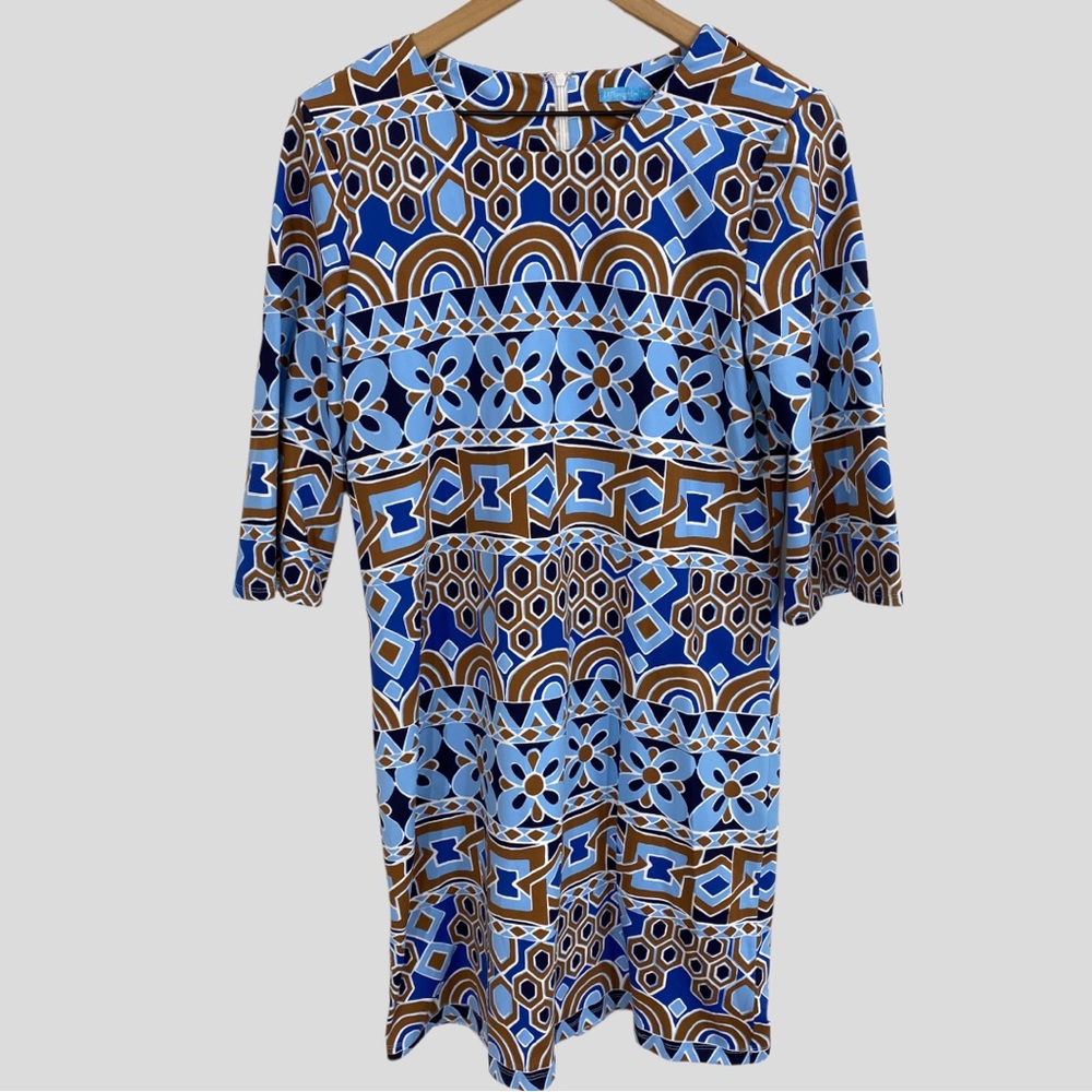 J McLaughlin Brown Blue Geometric Stretchy Comfortable Shift Dress